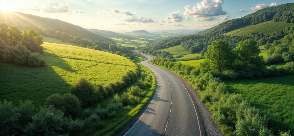 Nachhaltige Mobilität in idyllischer Natur: Straßen bei warmen Sonnenuntergang am Horizont durch kräftig grüne Landschaften für eine saubere Umwelt